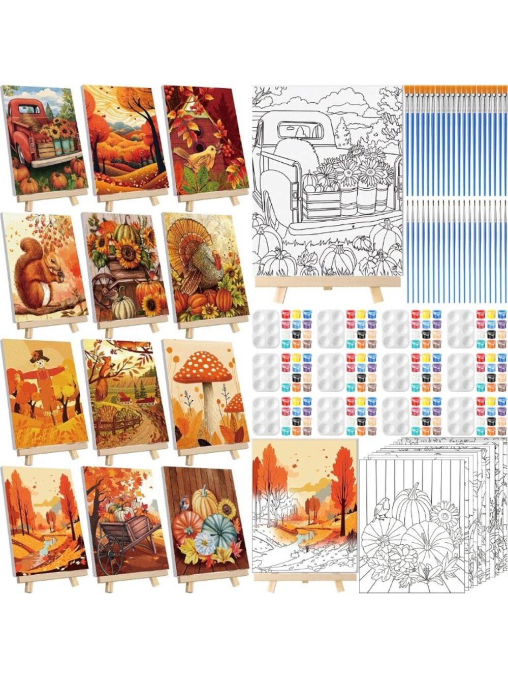 12-Piece Paint and Sip Kit for Adults - Fall & Thanksgiving Art Set, 8''x10''